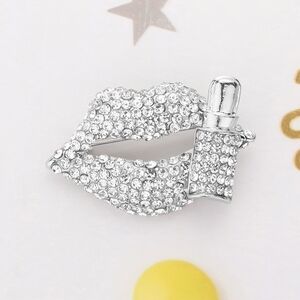 Silver Clear Rhinestone Crystal Lipstick Brooch Pin Cute Statement Accessory